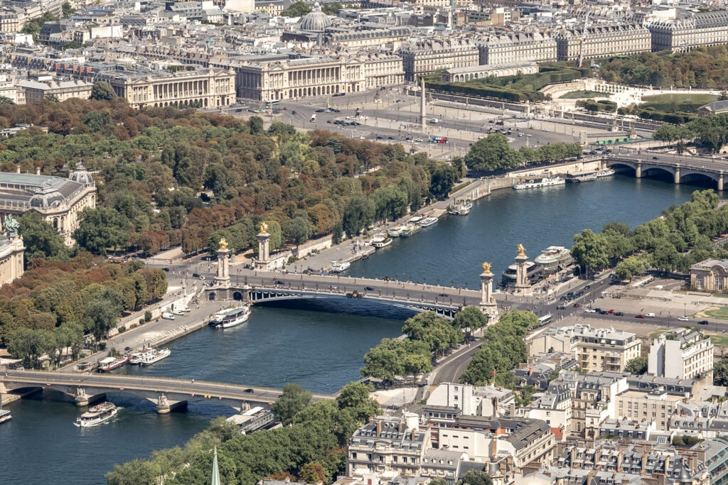 Aerial view of the Pont Alexandre III Bridge in Paris taken from the Eiffel Tower