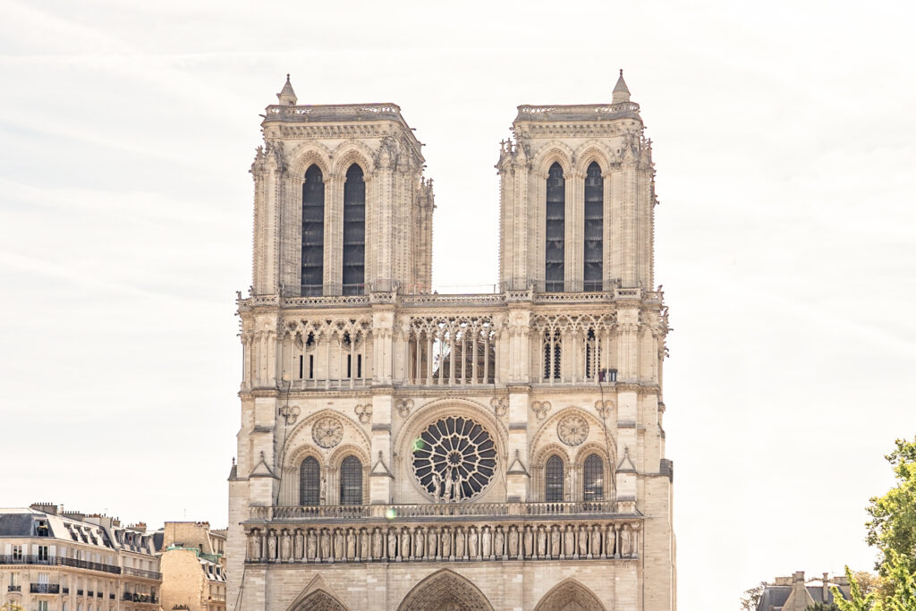 The front of the Notre Dame cathedral in Paris