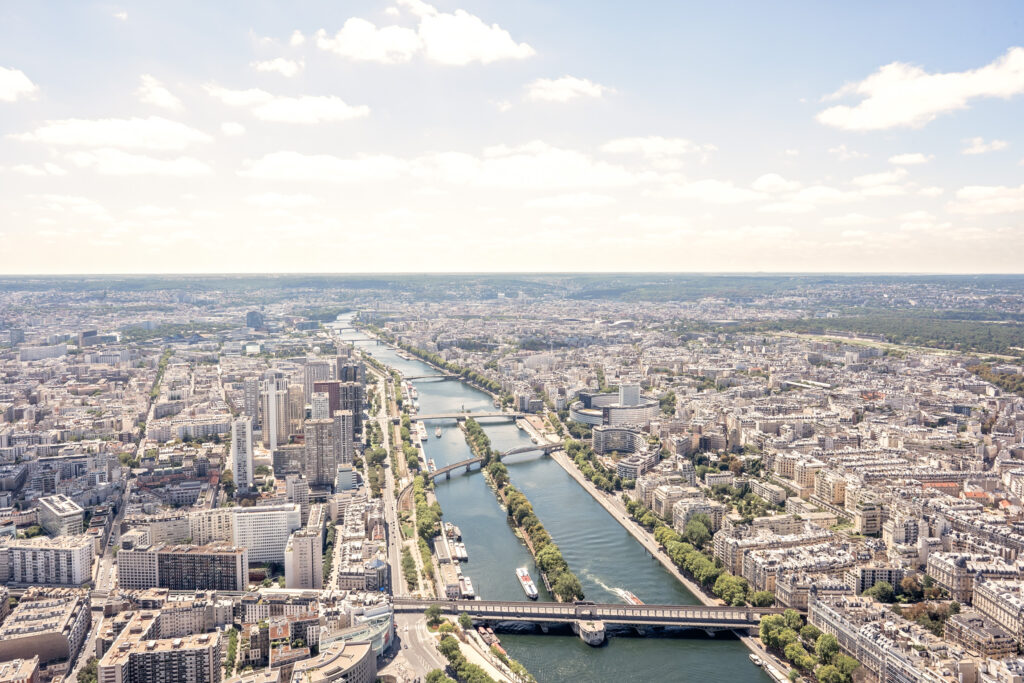 View of Paris city and the River Seine from the top of the Eiffel Tower