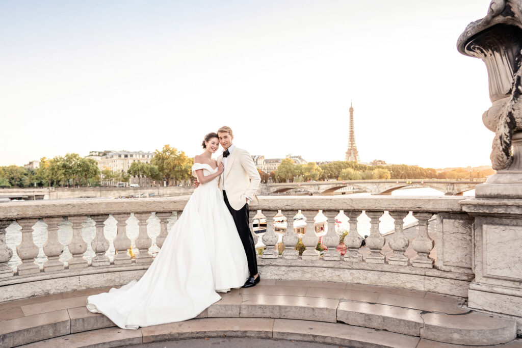 Bride and Groom on the Pont Alexandre III Bridge in Paris