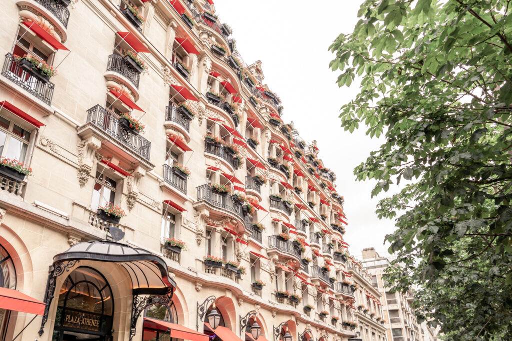 The exterior of the Plaza Athenee Hotel in Paris