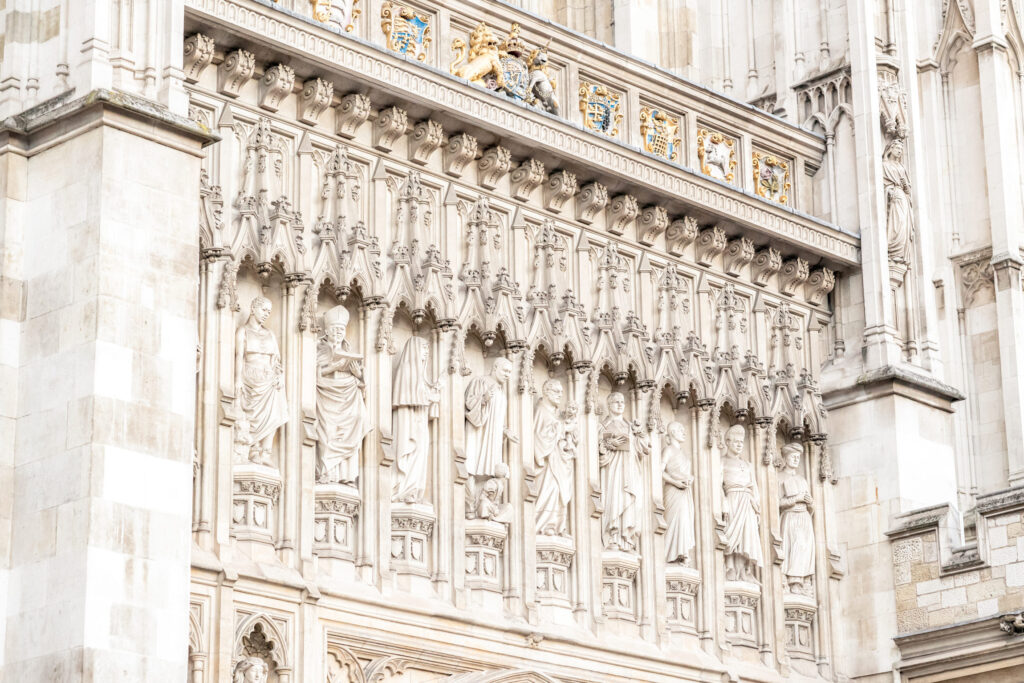 Close up of carvings on the exterior of Westminster Abbey in London