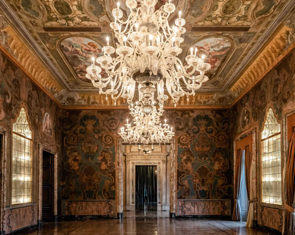 The grand ballroom with chandeliers in Villa Erba on Lake Como in Italy