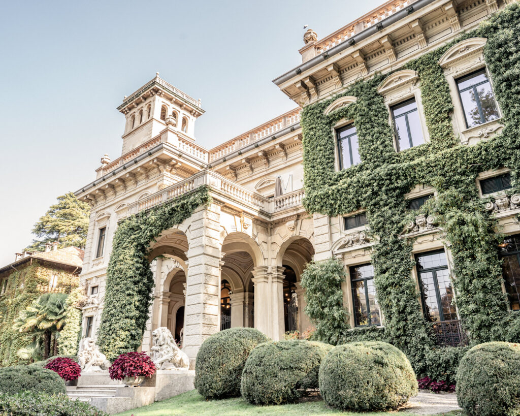 Exterior of the front of Villa Erba on Lake Como in Italy