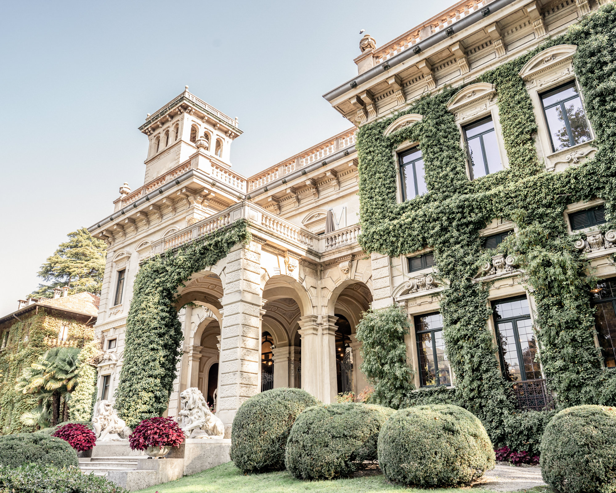 The front facade of Villa Erba wedding venue on Lake Como in Italy