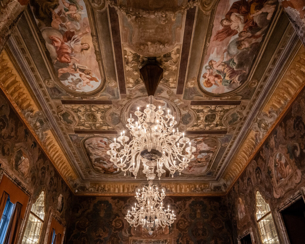 Italian frescoes on the ceiling of the grand ballroom of Villa Erba