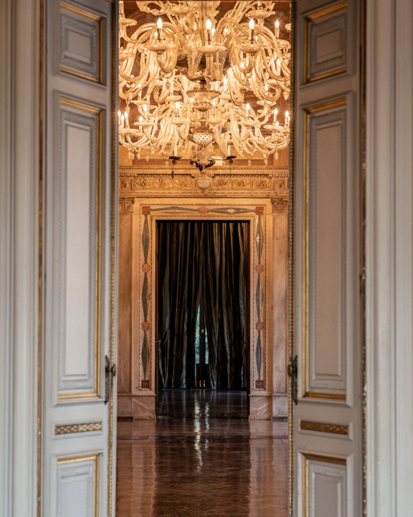Photo leading through the doors into the ballroom at Villa Erba on Lake Como in Italy