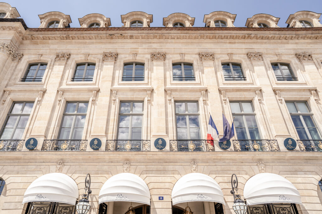 Exterior of the Hotel Ritz Paris canopies, signage and flags