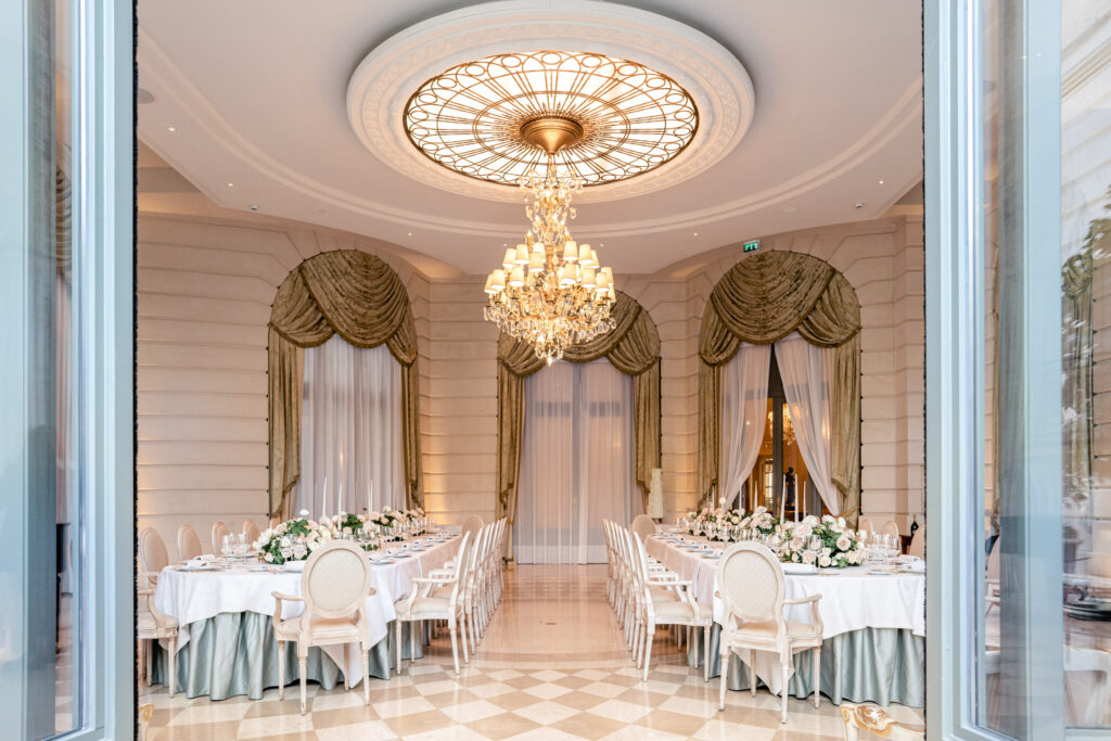 Salon d'Été at the Ritz Paris hotel set for a formal wedding dinner