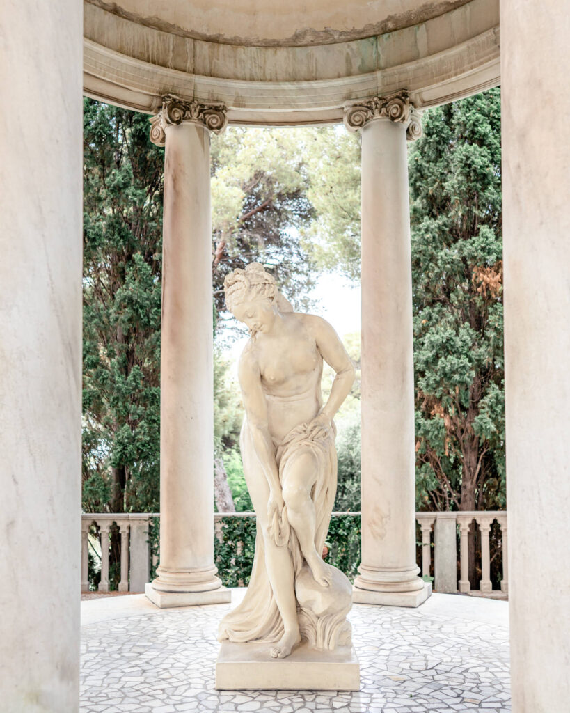 The statue within the Temple of Love at Villa Ephrussi de Rothschild wedding venue on the French Riviera