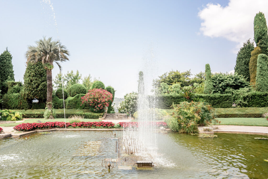 The ponds and jet fountains in the French garden at Villa Ephrussi de Rothschild wedding venue on the French Riviera