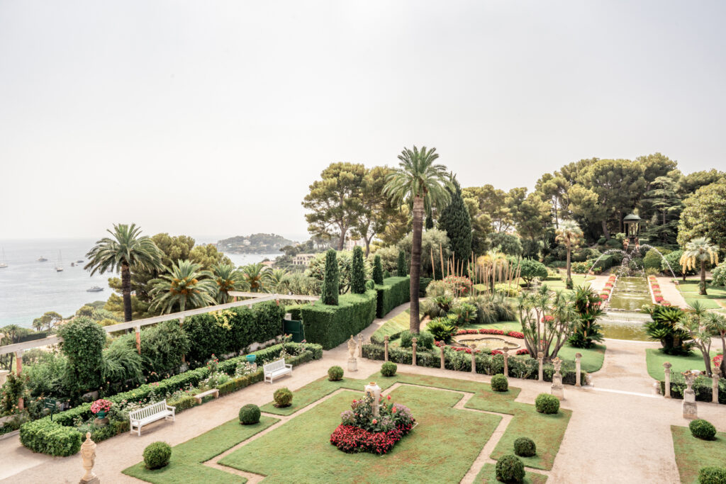 View over the French Garden and out to the sea at Villa Ephrussi de Rothschild wedding venue on the French Riviera