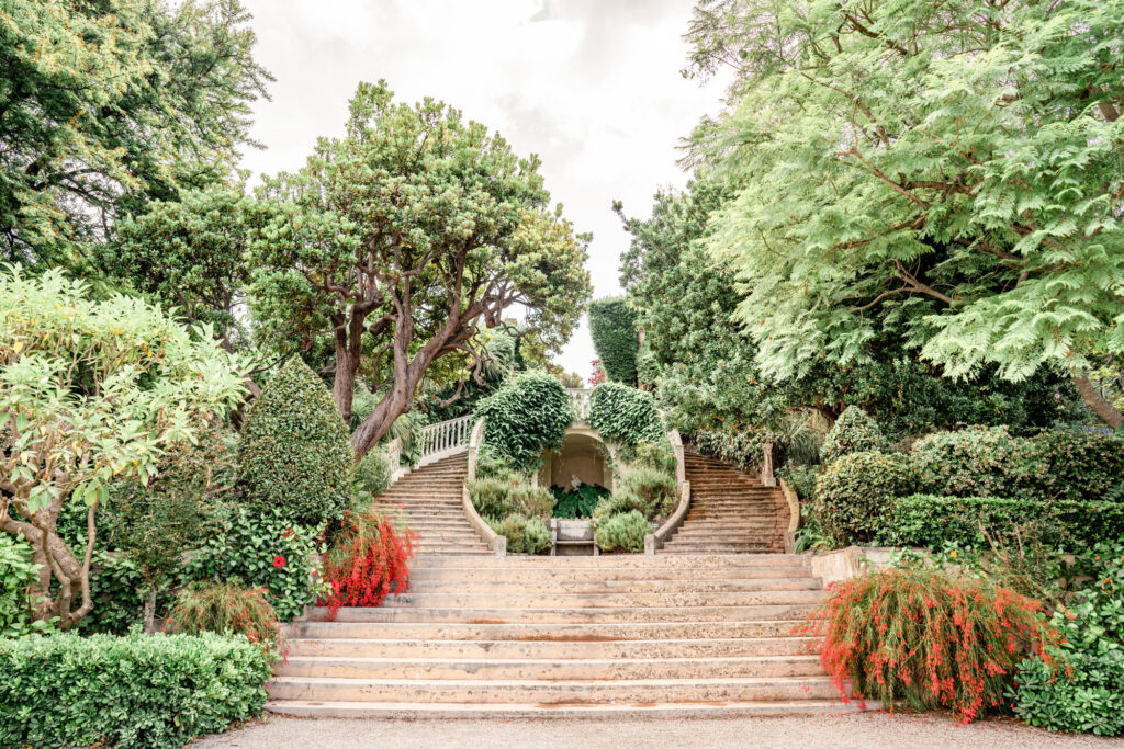 The Florentine garden and stone steps at Villa Ephrussi de Rothschild wedding venue on the French Riviera