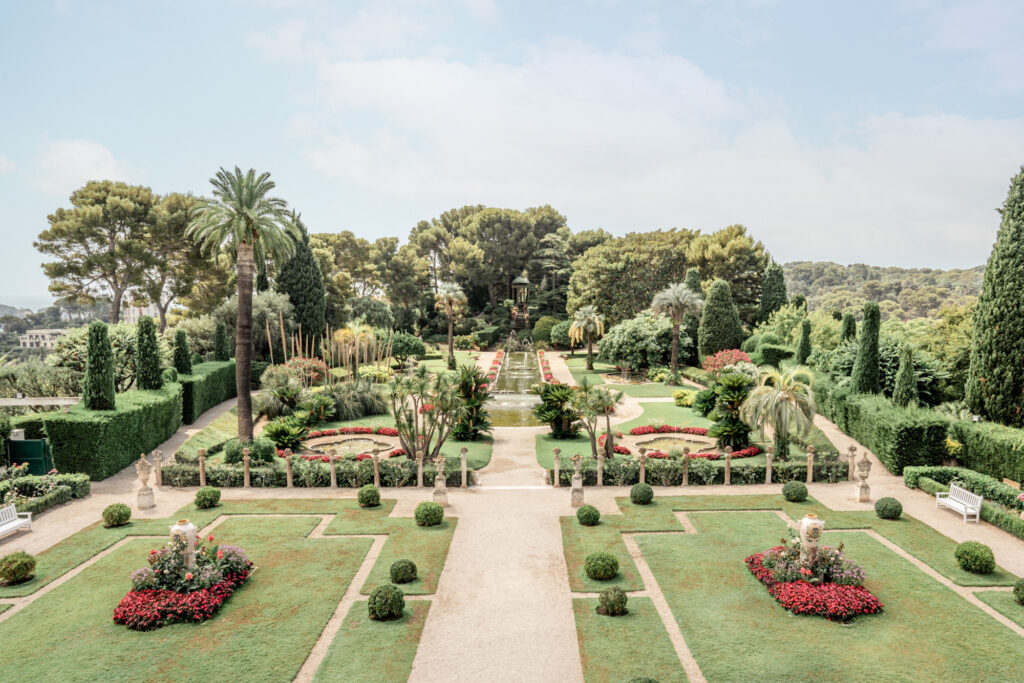Aerial view over the French gardens and ponds at Villa Ephrussi de Rothschild wedding venue on the French Riviera