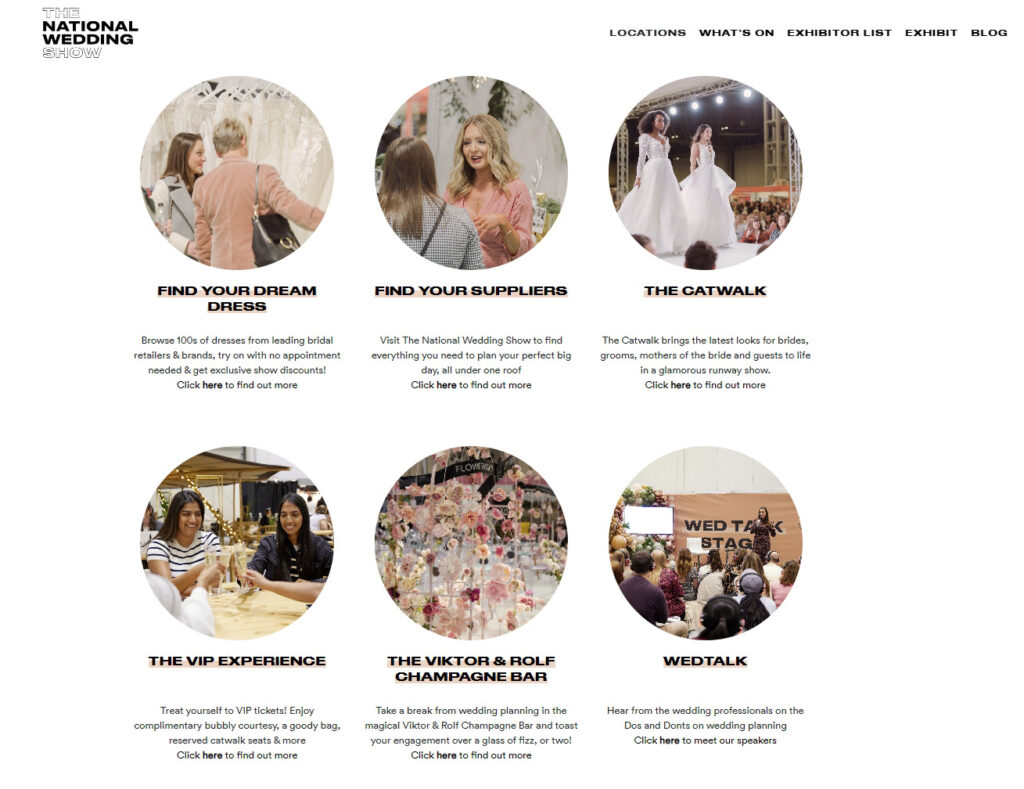 A screenshot of the homepage of the National Wedding Show's website