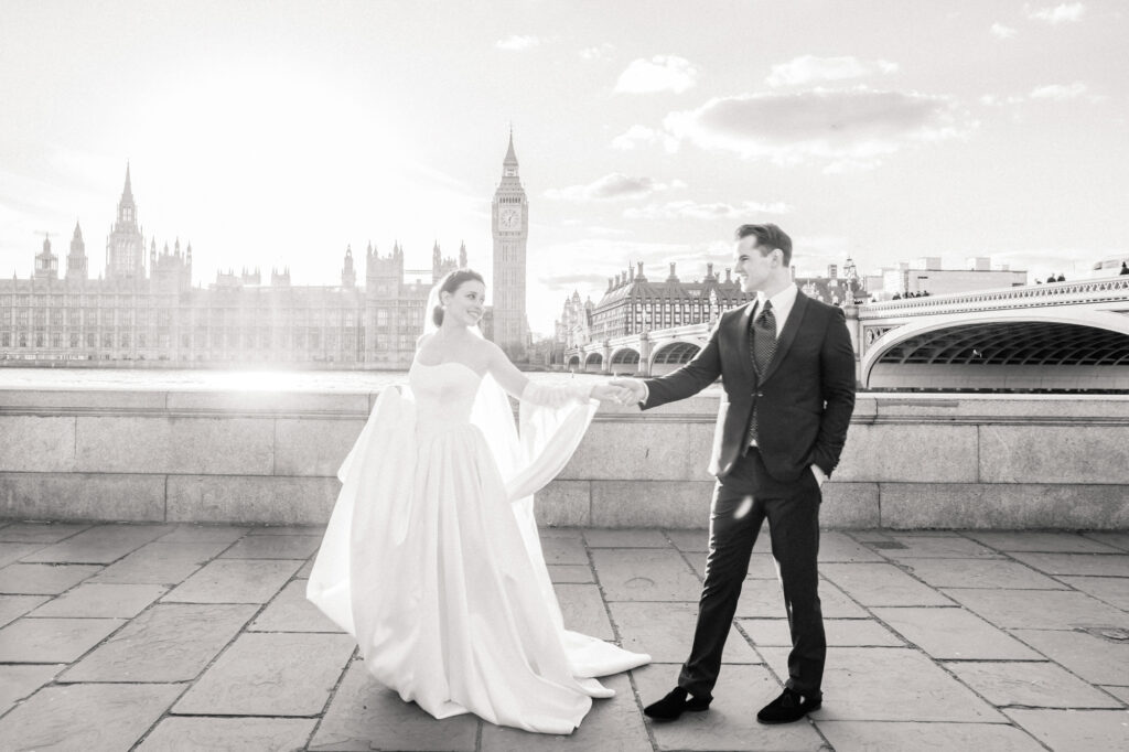 Bride & Groom in front of Big Ben & the Houses of Parliament in London