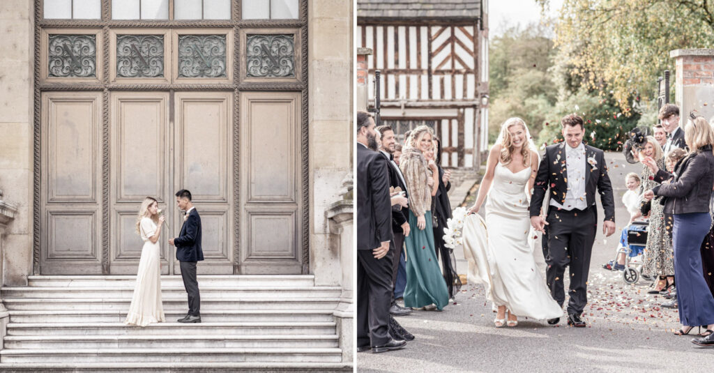 A mix of photos showing 2 couples, one that has eloped and one that has had a big wedding.