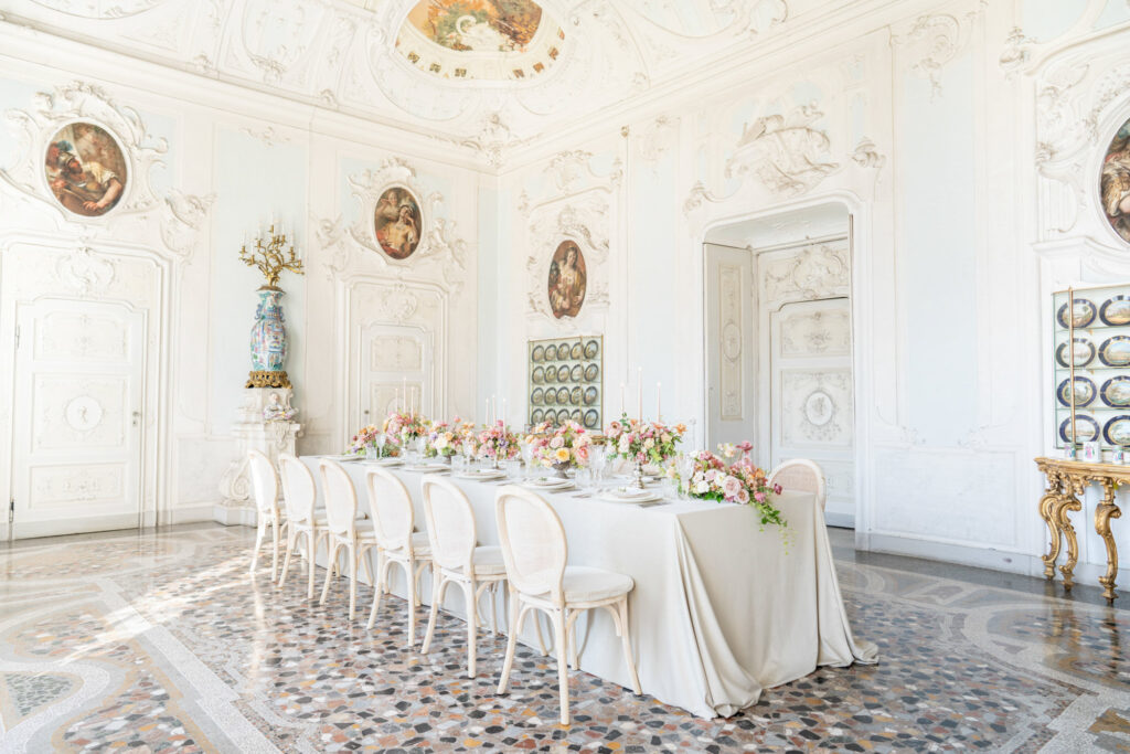 Wedding dinner table set up at Villa Sola Cabiati on Lake Como.