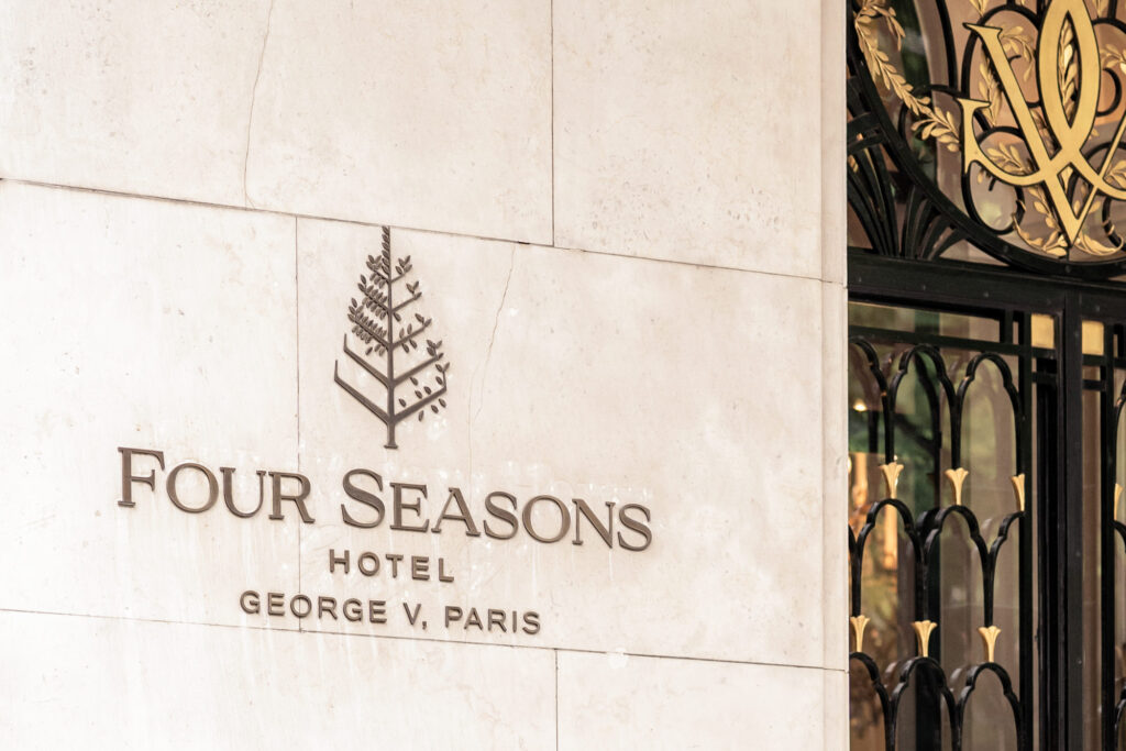 Sign outside the Four Seasons George V Hotel in Paris