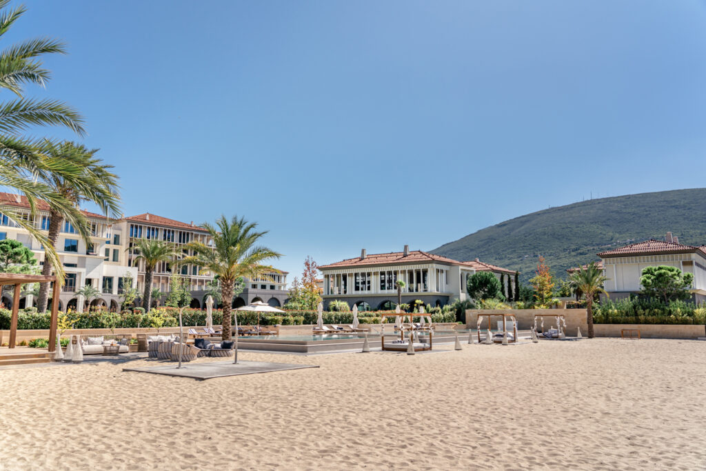 The private beach, swimming pools and hotel at the One & Only Portonovi in Montenegro