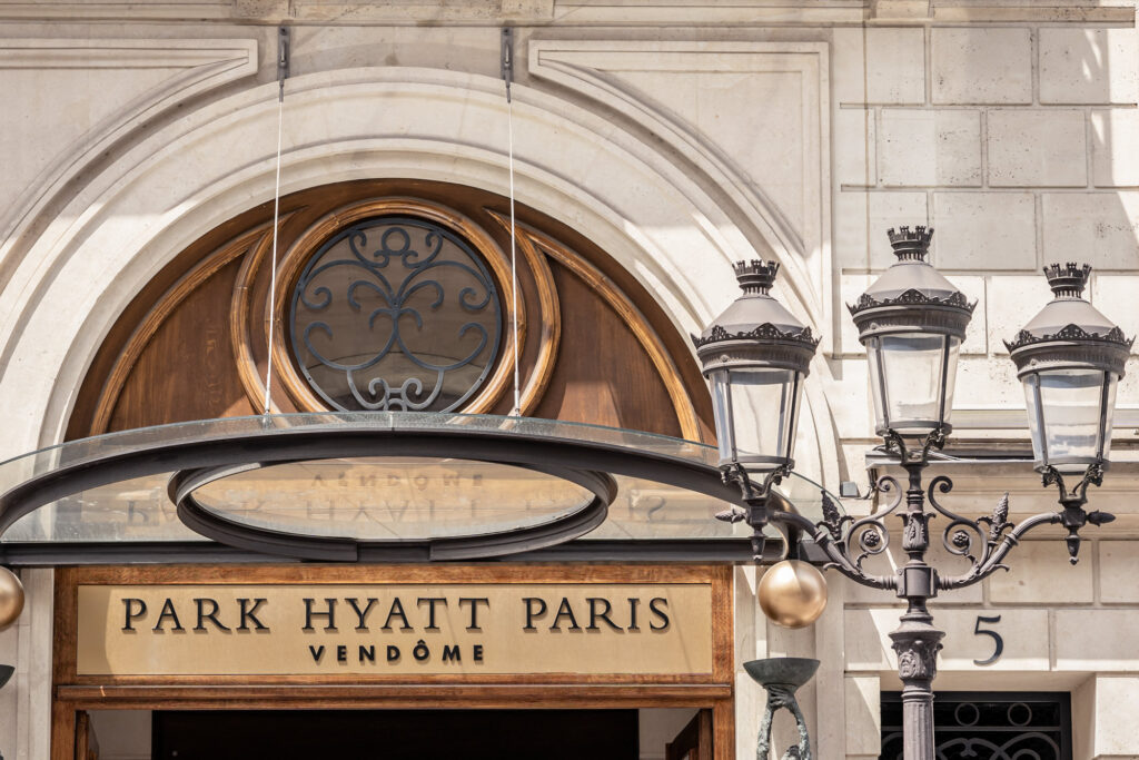 The exterior sign of the Park Hyatt Paris Vendome in Paris