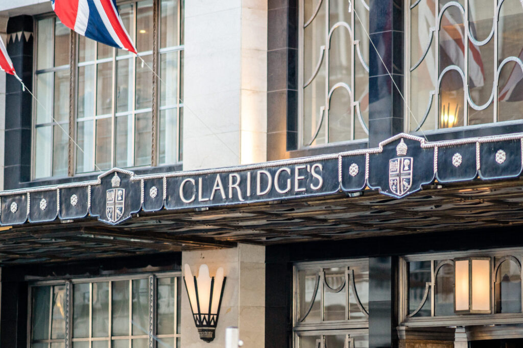 The Claridge's Hotel sign above the front door in London