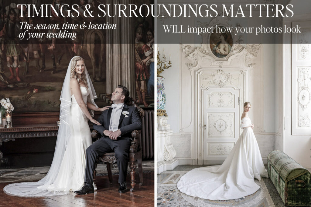 2 wedding photos side by side, one with a dark venue and the other a light and airy wedding venue.