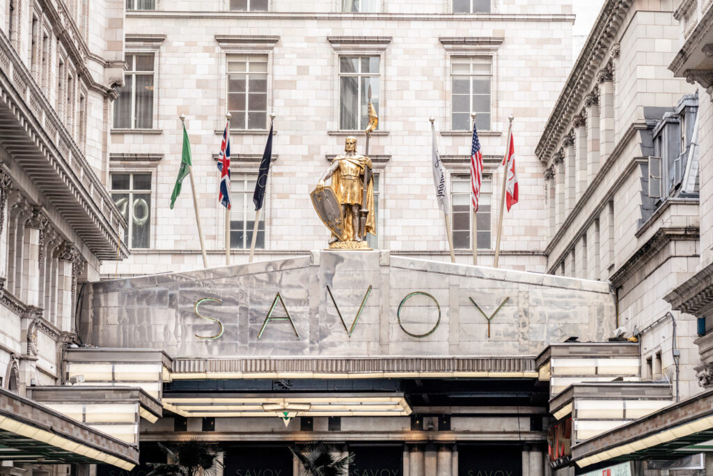 The Savoy Hotel sign above the entrance in London.