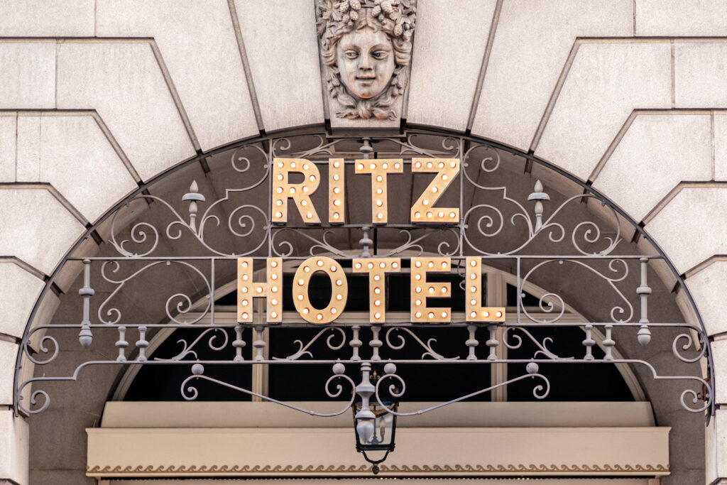 The Ritz Hotel sign in London.