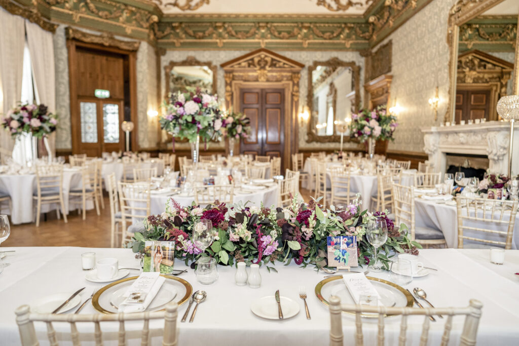 The ballroom at Hawkstone Hall set up for a wedding banquet