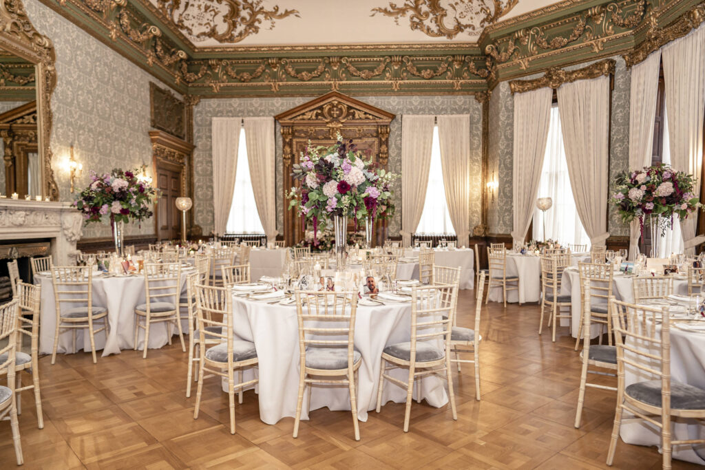 The ballroom at Hawkstone Hall set up for a wedding breakfast