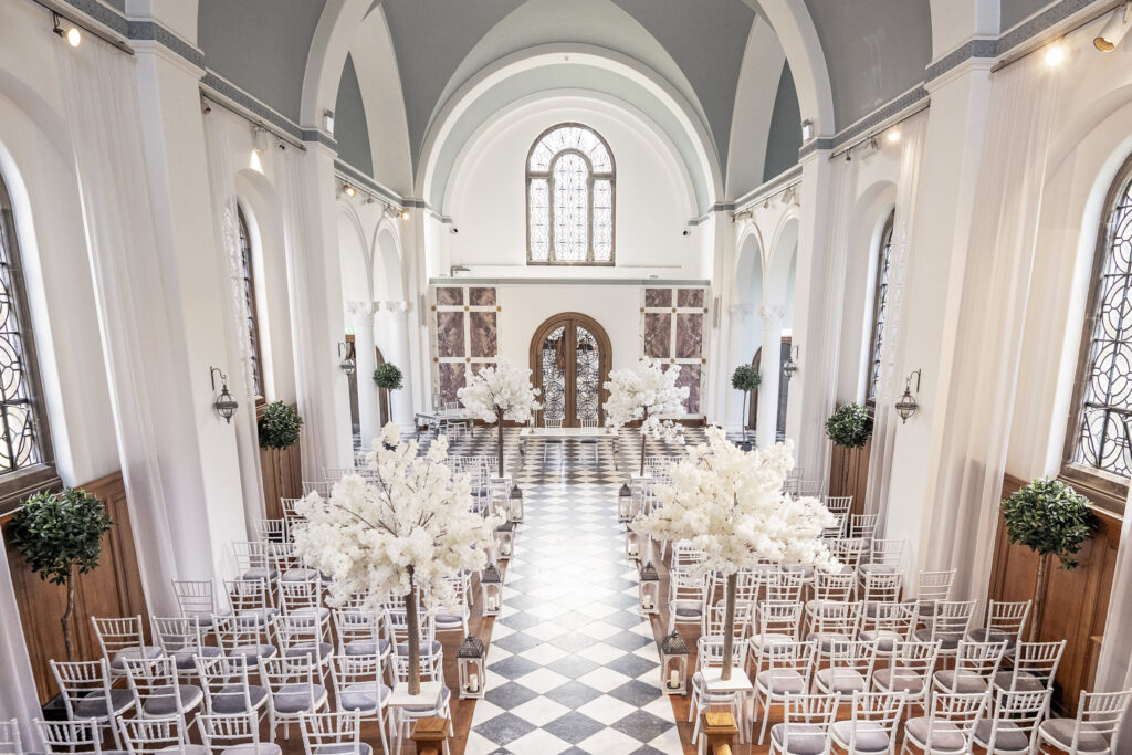 The inside of the chapel set for a wedding ceremony at Hawkstone Hall Shropshire venue.