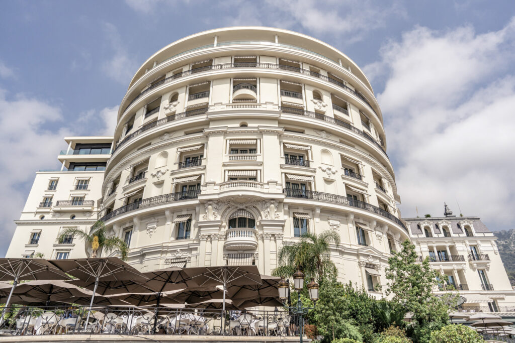 Exterior photo of the dome part of Hotel de Paris in Monte Carlo.