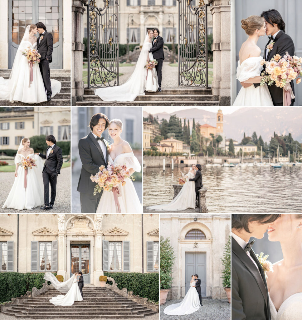 A collage of wedding photos taken at Villa Sola Cabiati on Lake Como in Italy