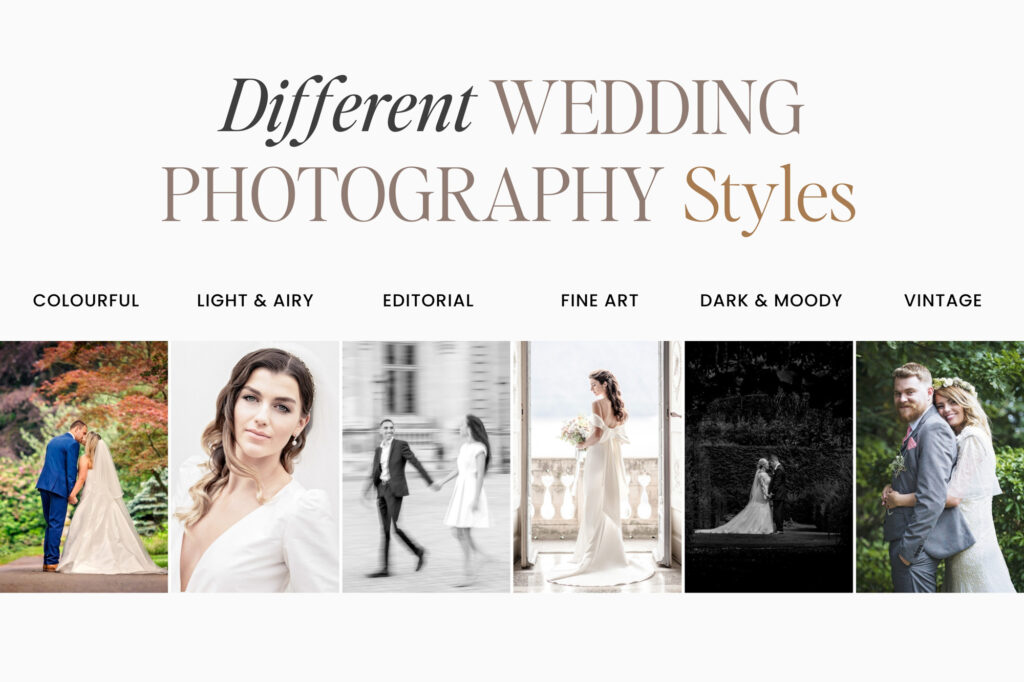 A collage of photos showing the different styles of wedding photography, including light & airy, editorial, and fine art.