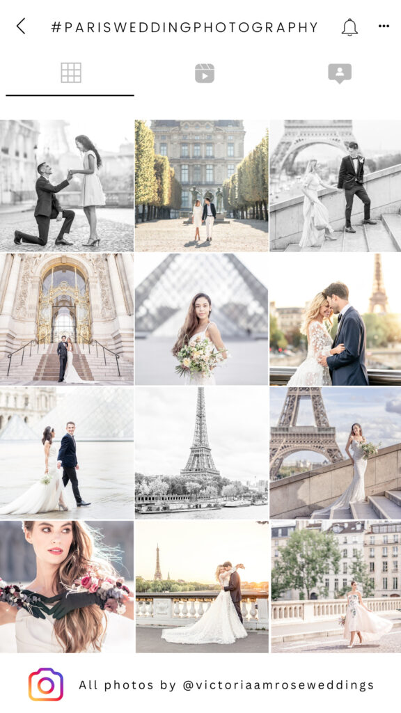 A screenshot of an Instagram feed showing multiple square photos all relating to the search #parisweddingphotography