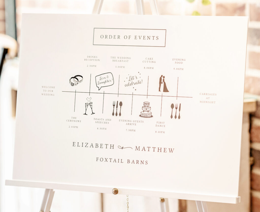 Order of events sign at a wedding