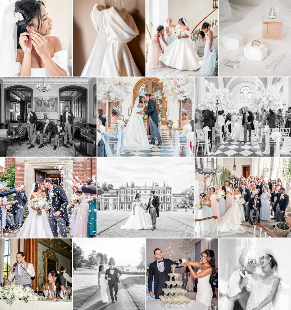 A collage of photos showing the different events throughout the wedding day.