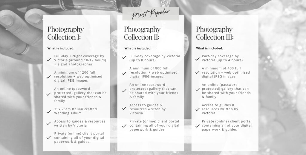 An example of three different wedding photography packages by Victoria Amrose Photography.