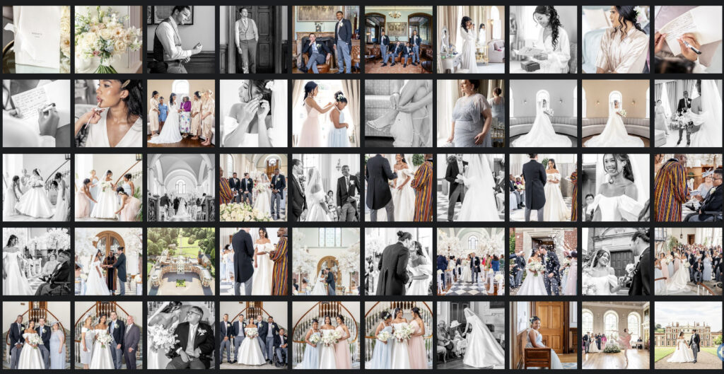 A digital online gallery of a wedding photos as JPEGs.