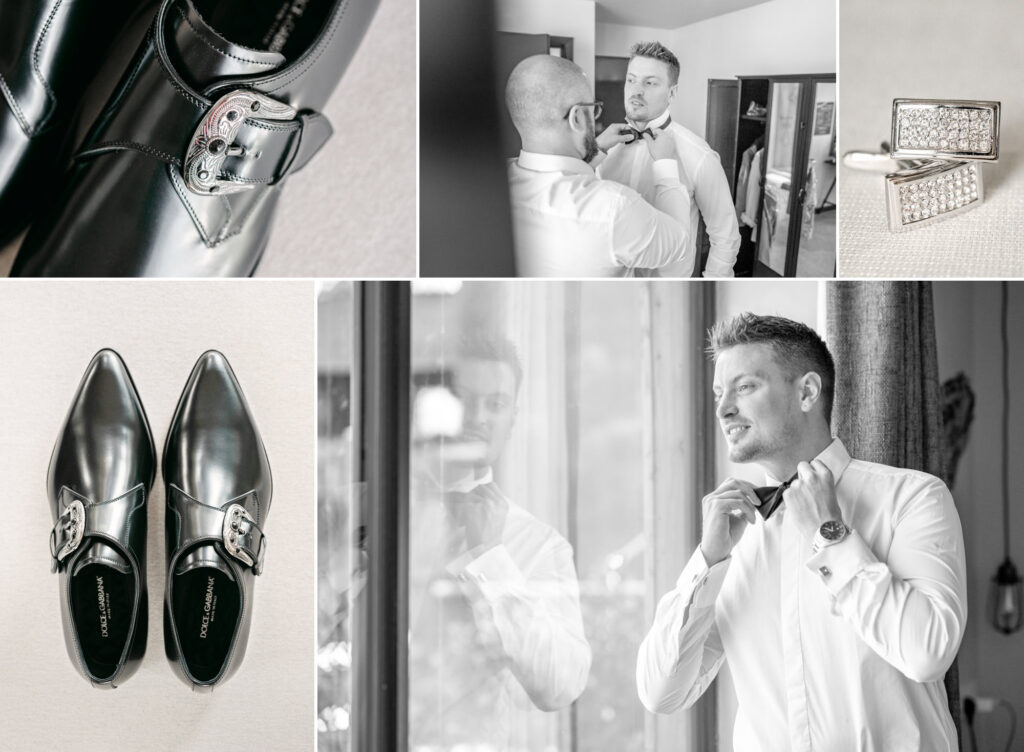 A collage of photos showing a groom and his groomsmen getting ready with Dolce & Gabbana shoes and cuff links