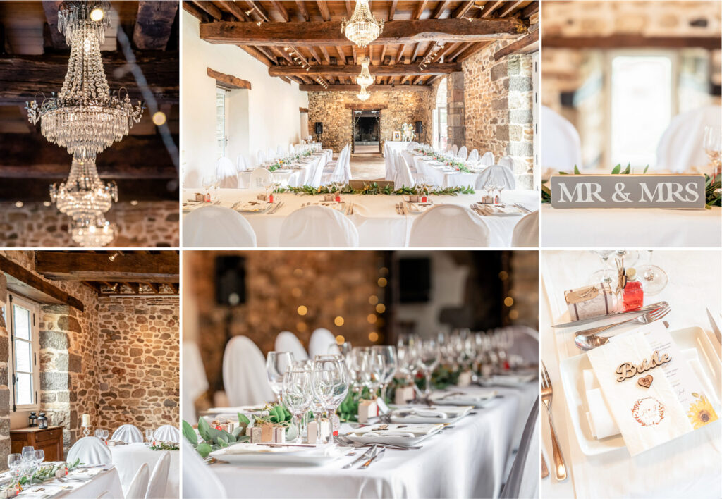 A collage of images of interior photos of the Rose House at Chateau du Grand Val wedding venue in Brittany, France set for dinner for a wedding.