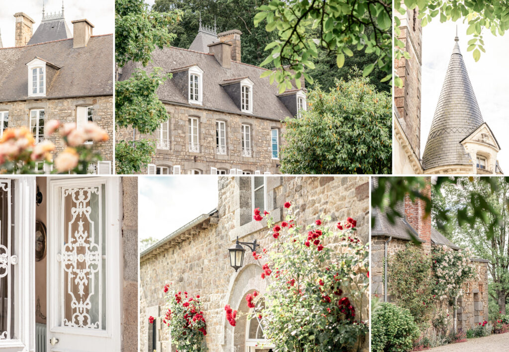 A collage of images of exterior photos of Chateau du Grand Val wedding venue in Brittany, France. Images include: the chateau roof and windows, roses in the gardens, the Rose House, and a classic turret on the roof.