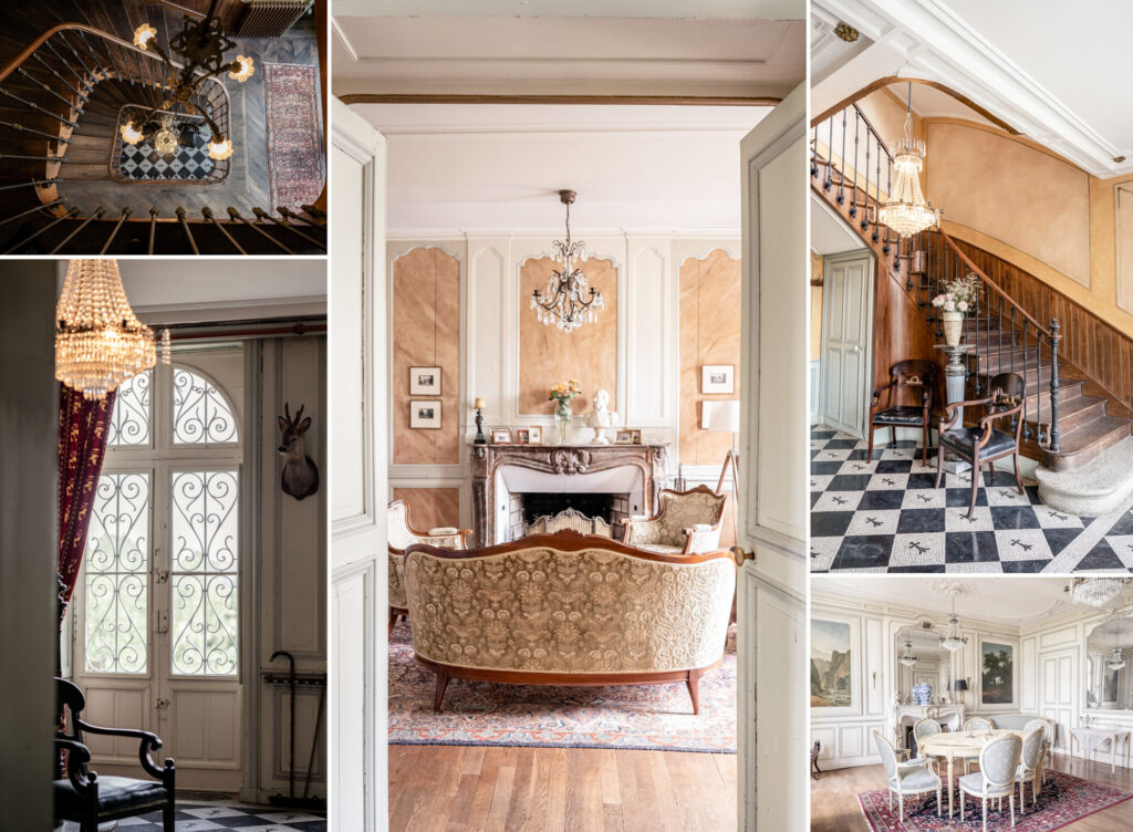 A collage of images of interior photos of Chateau du Grand Val wedding venue in Brittany, France. Images include: the sitting room, dining room, doors, staircase, and chandeliers.