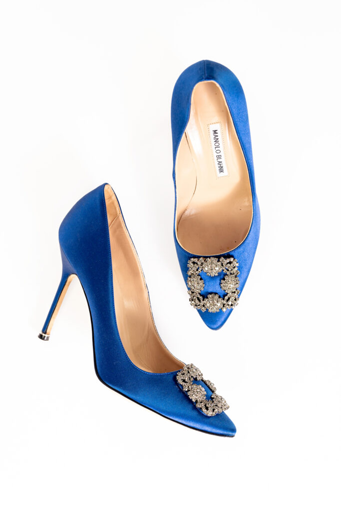 A pair of satin blue Manolo Blahnik Hangisi heels
