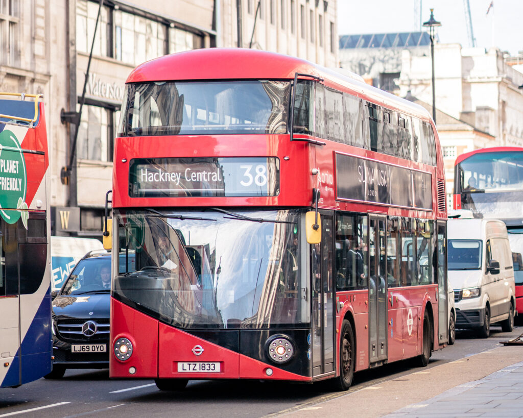 A double decker red London bus