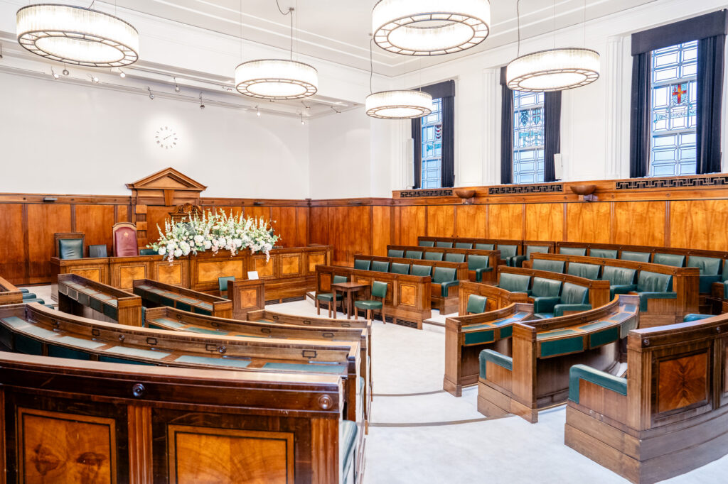 The Council Chamber wedding room at the Town Hall Hotel wedding venue in London