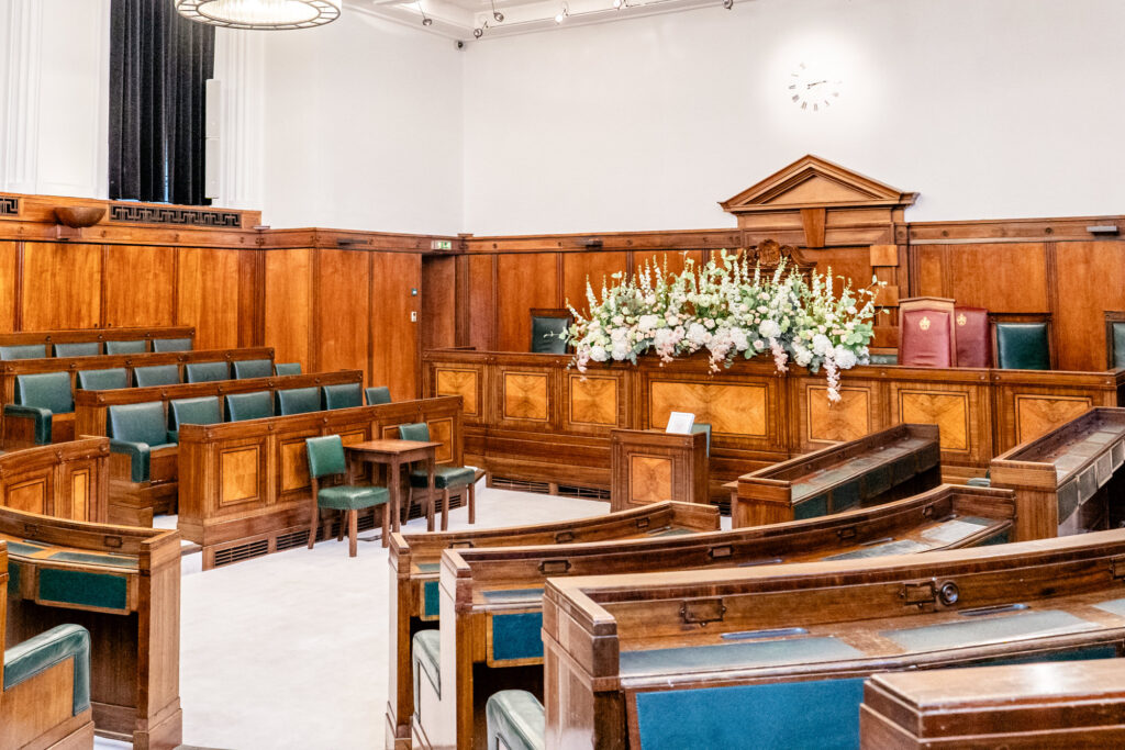 The Council Chamber wedding ceremony room at the Town Hall Hotel wedding venue in London