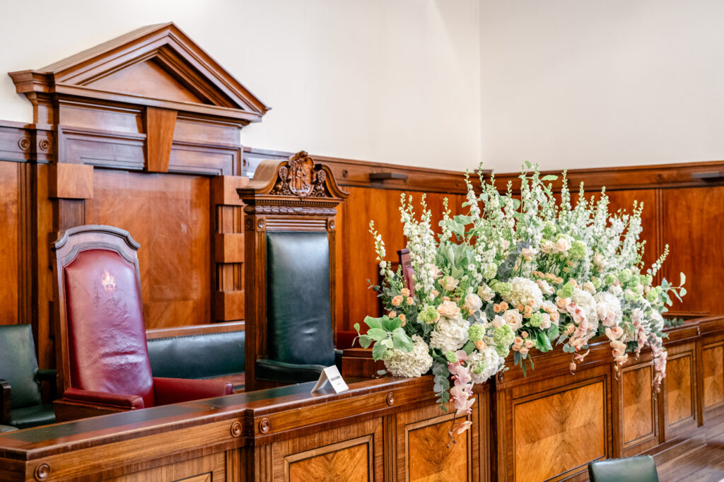 The bench in the Council Chamber wedding room at the Town Hall Hotel wedding venue in London